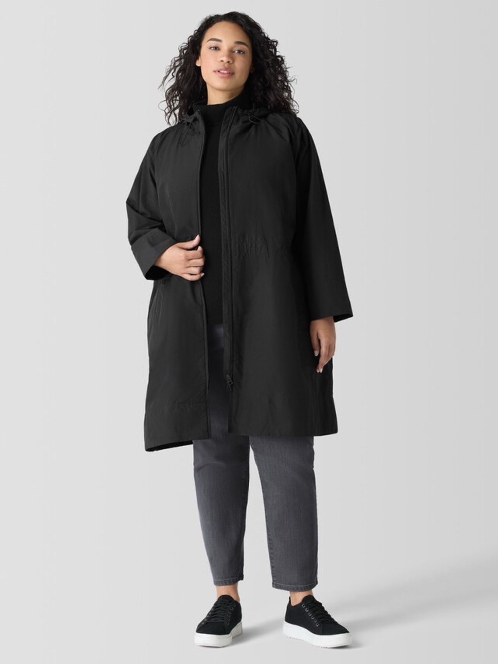 Eileen Fisher Women's Black Hooded Cotton-Nylon Fleece-lined Coat / Rain Jacket